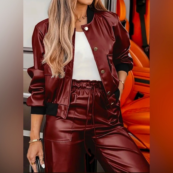 2 Piece: PU Leather Jacket w/Faux & Matching Drawstring Pants, NWOT - Picture 3 of 7